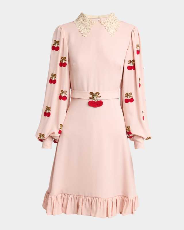 Cherry Embroidered Georgette Balloon-Sleeve Mini Dress